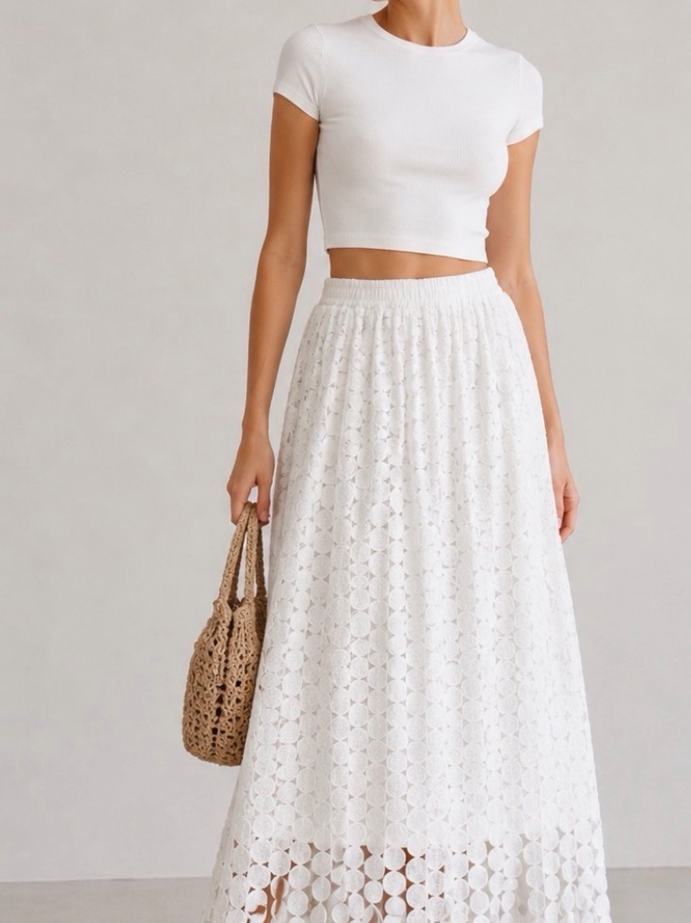 WoWo Women’s White Lace Maxi Skirt XL Elastic Waist Boho